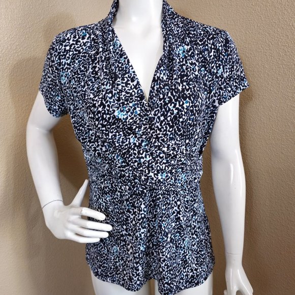 DKNY Animal Print Short Sleeve Jersey Faux Wrap V-neck Blouse~NEW~Size L - Picture 1 of 10